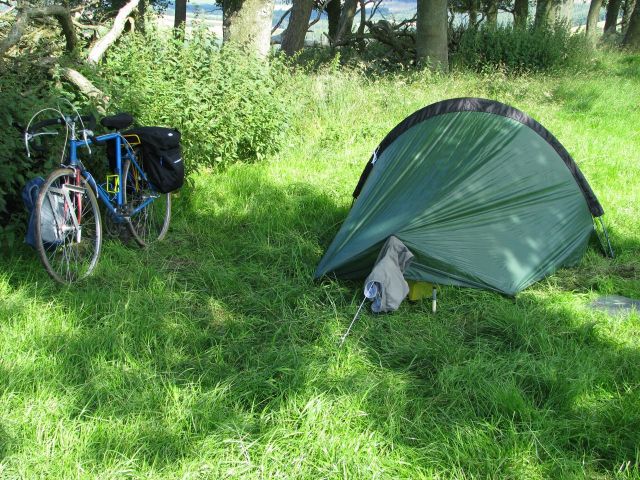 Camping beside the Cleveland Way near Sneck Yate. My adapted racing bike and Terra Nova Competition one-person tent.